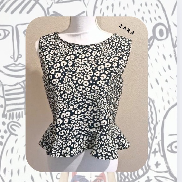 Zara dark green & white leopard print peplum sleeveless blouse - Picture 3 of 16